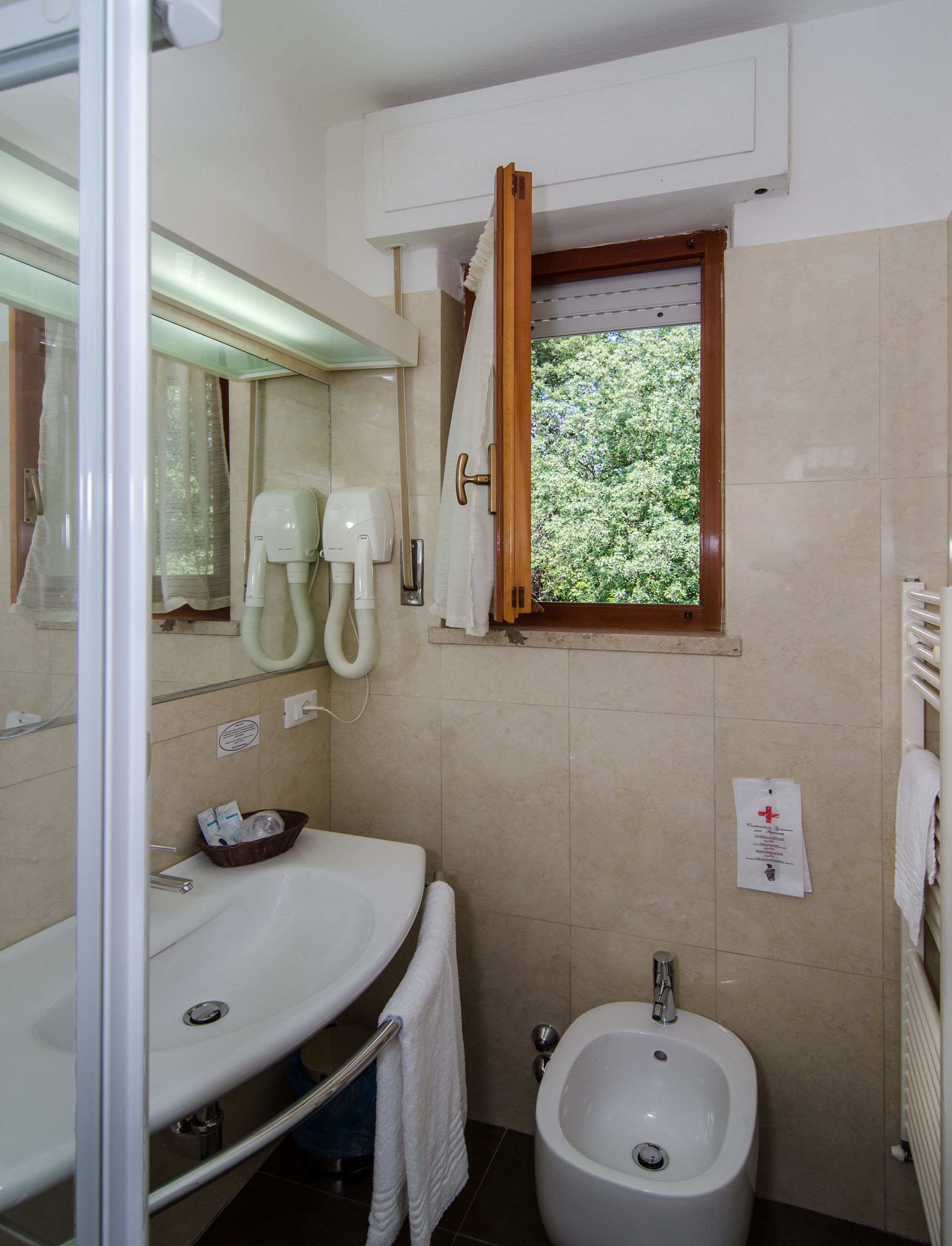 shower, hair dryer, bidet, towels