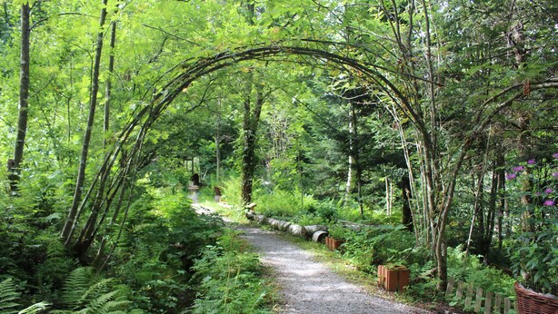 A gravel path in a forested area with an archway and a wooden fence. - Hotel Adler - Post (Baiersbronn)