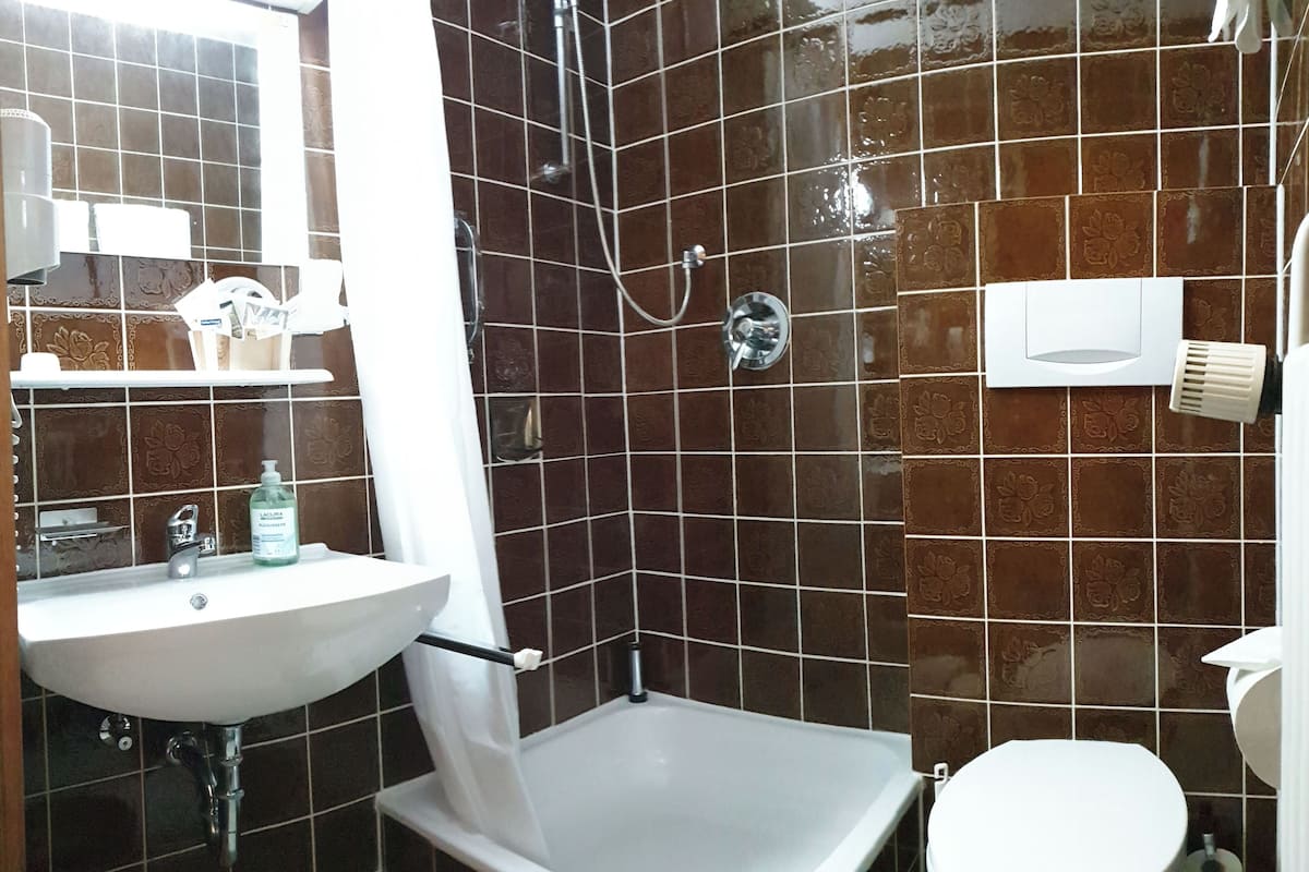 standard double room | bathroom | shower, hair dryer, towels