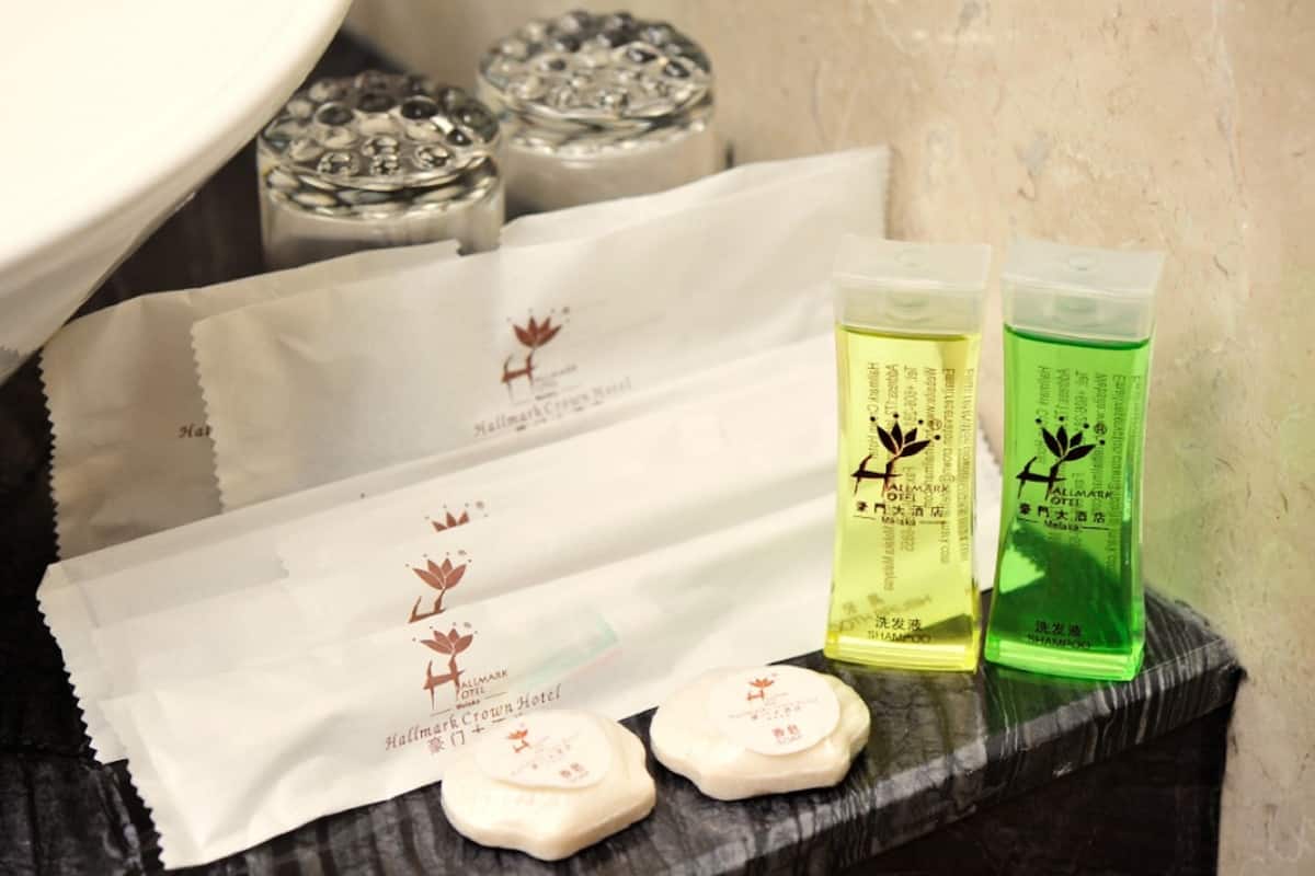 Shower, rainfall showerhead, designer toiletries, hair dryer