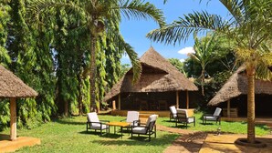 A tropical resort with thatched-roof huts, outdoor seating, and lush greenery. - Honey Badger Lodge (Moshi)