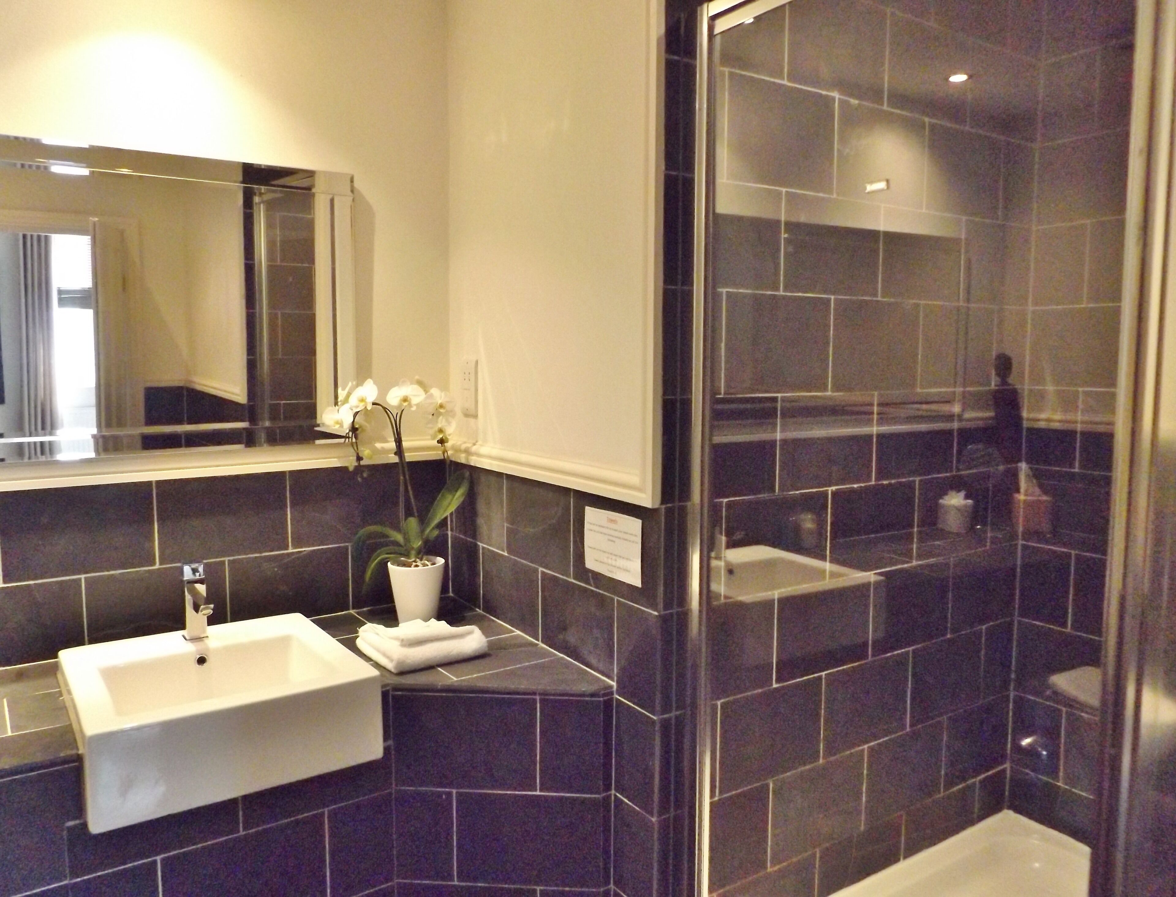 A modern bathroom with a white sink, dark tiled walls, a mirror, and a potted orchid.