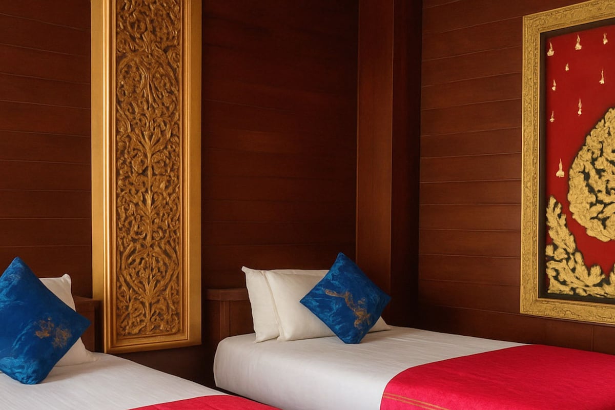 A hotel room with two beds, each with a red bedspread and a blue pillow.