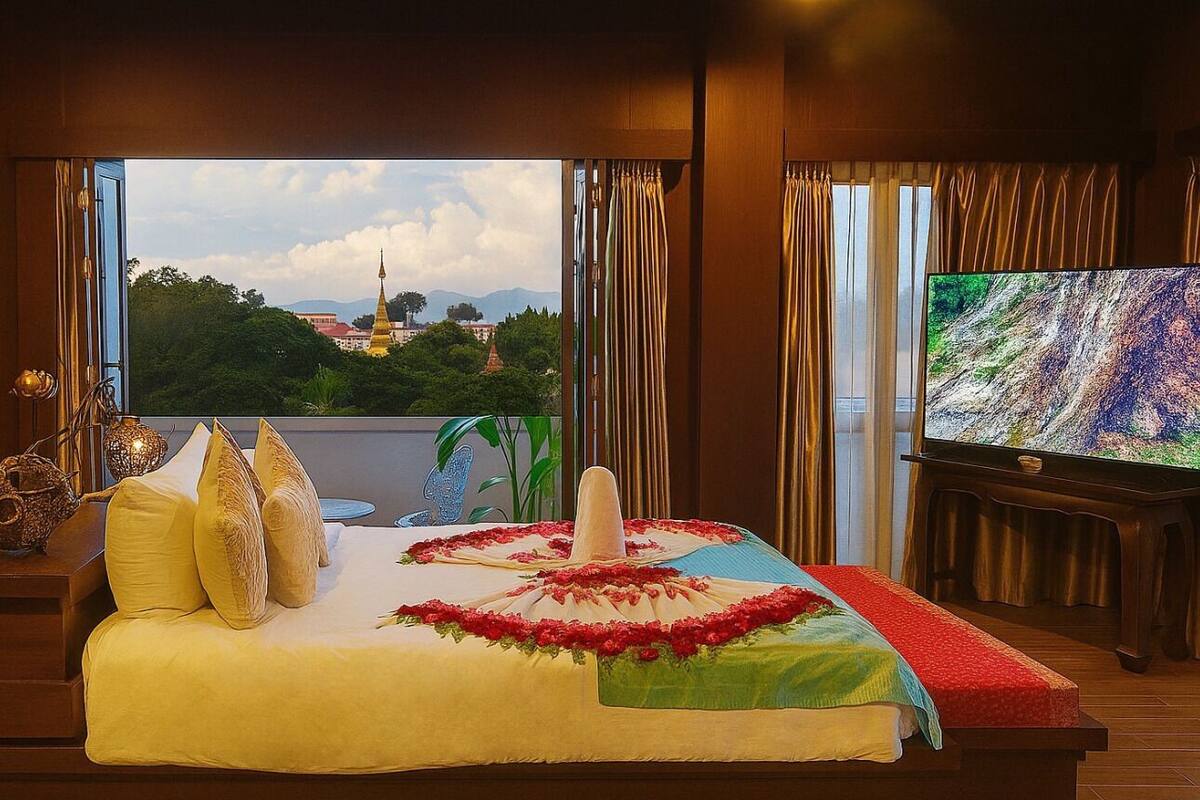 Un lit agrémenté d’un arrangement floral, une télévision et une vue sur un temple, visible à travers les rideaux.