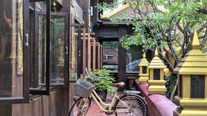 Un vélo avec un panier et une plante, garé sur un trottoir mouillé dans une cour dotée de portes en bois et d’éléments décoratifs jaunes.