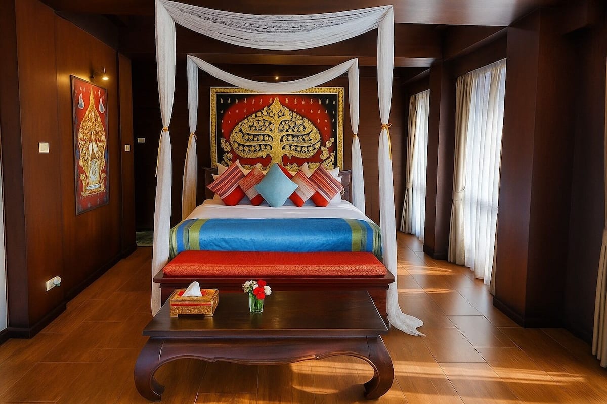 Une chambre dotée d’un lit à baldaquin, d’un plancher en bois, d’une table de chevet avec une boîte de mouchoirs et un vase de fleurs, ainsi que d’une grande décoration murale.