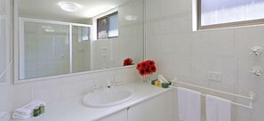 Shower, designer toiletries, hair dryer, towels
