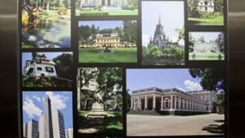 Exposição de diversos estilos arquitetônicos e pontos turísticos, incluindo um edifício grande com colunas, um arranha-céu moderno e uma casa tradicional com jardim.