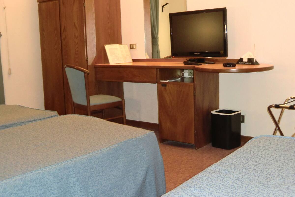 A hotel room with two single beds, a wooden desk with a television, a chair, and a small trash bin.