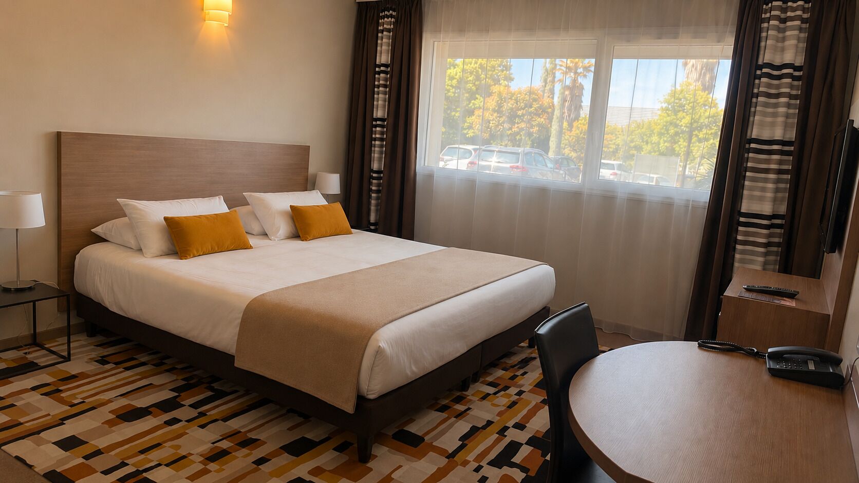 A hotel room with a bed, bedside table, lamp, and a view of parked cars through the window.