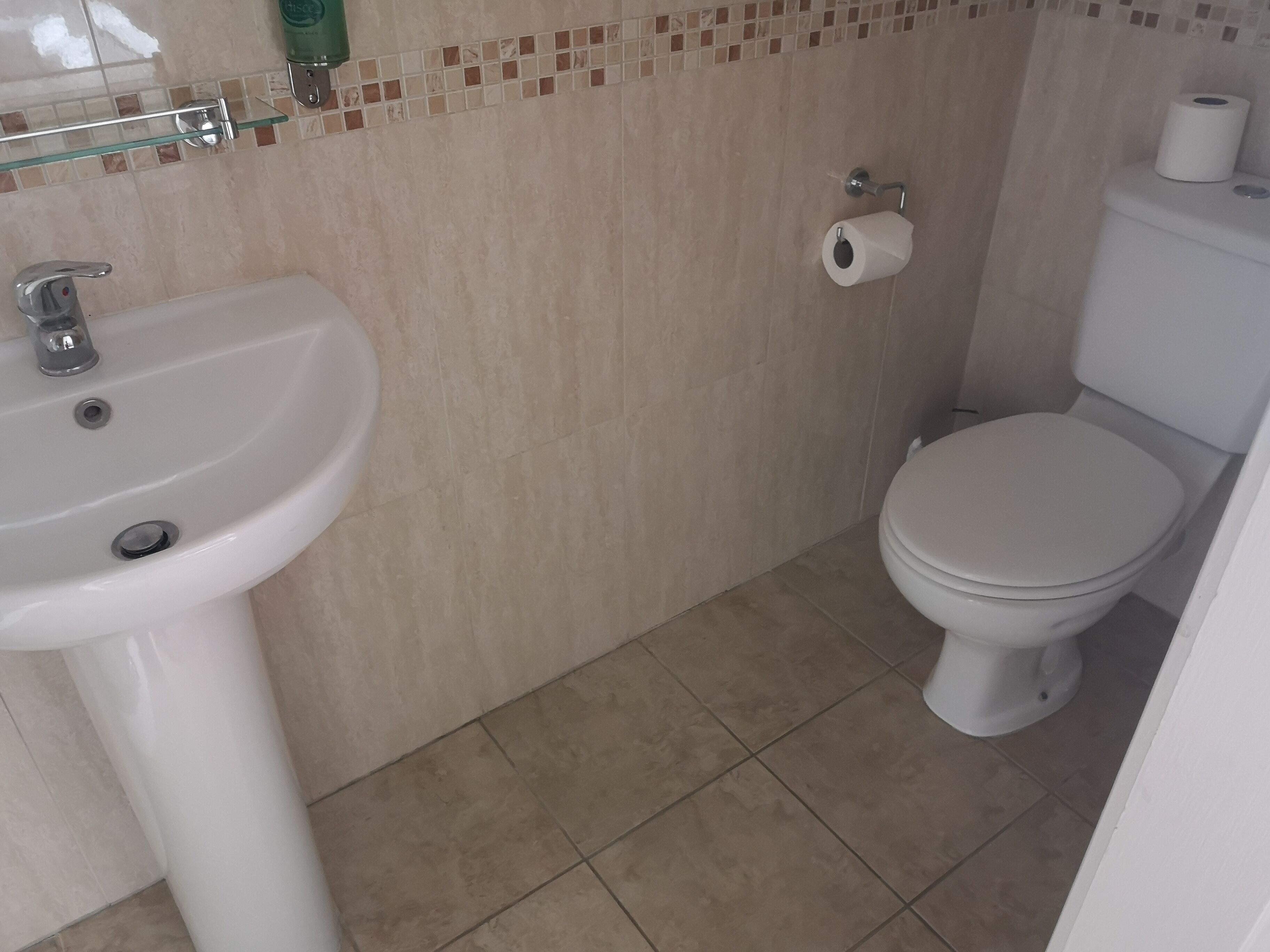 A bathroom with a white sink, a toilet, and a glass shelf above the sink.