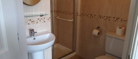 A bathroom with a white sink, glass shower enclosure, and a toilet.