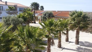 A courtyard with palm trees, a tiled roof building, and a stone wall. - Quinta do Molinu (Lourinha)