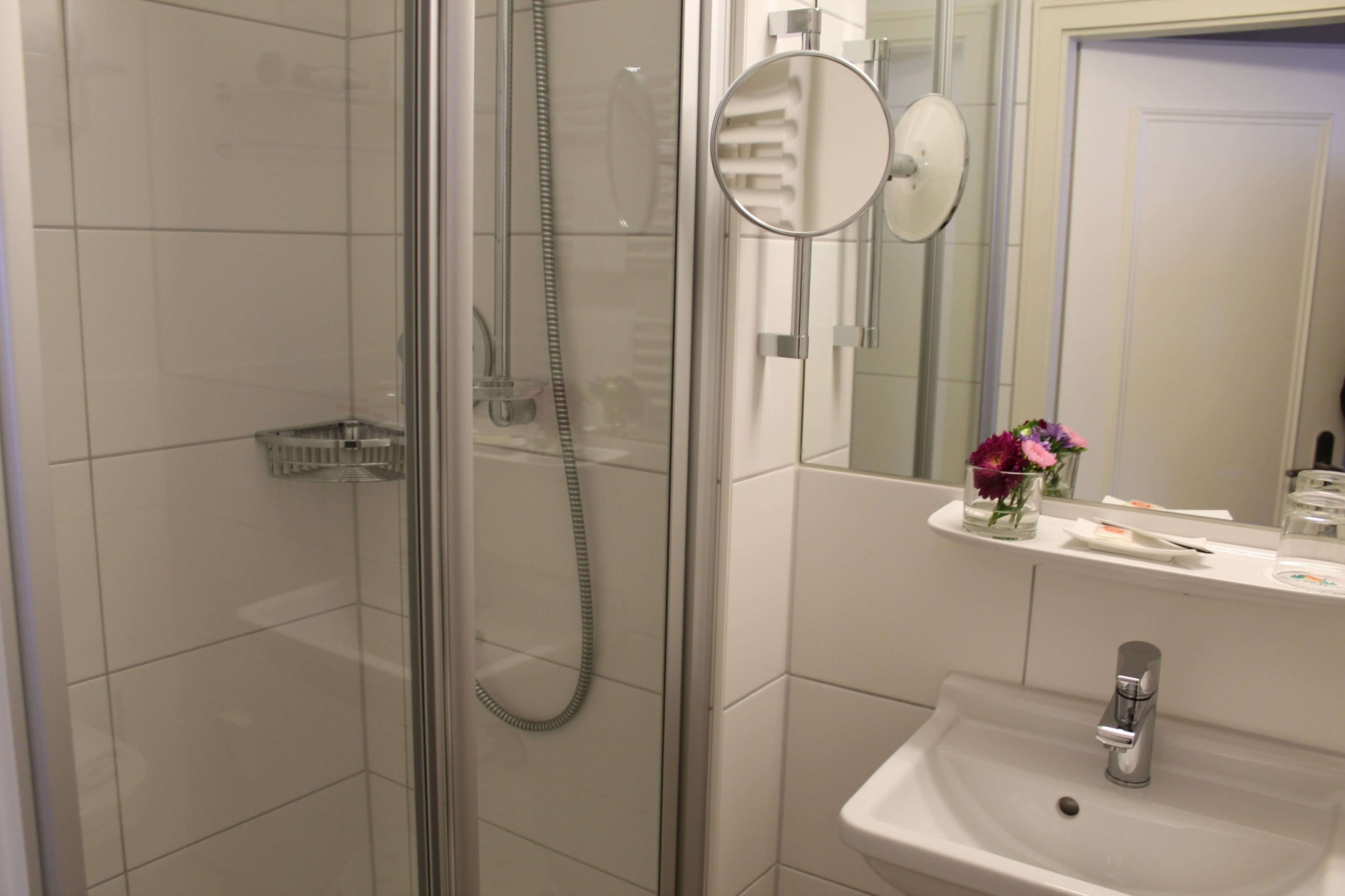 A modern bathroom with a glass-enclosed shower, a white sink, and a mirror above the sink.