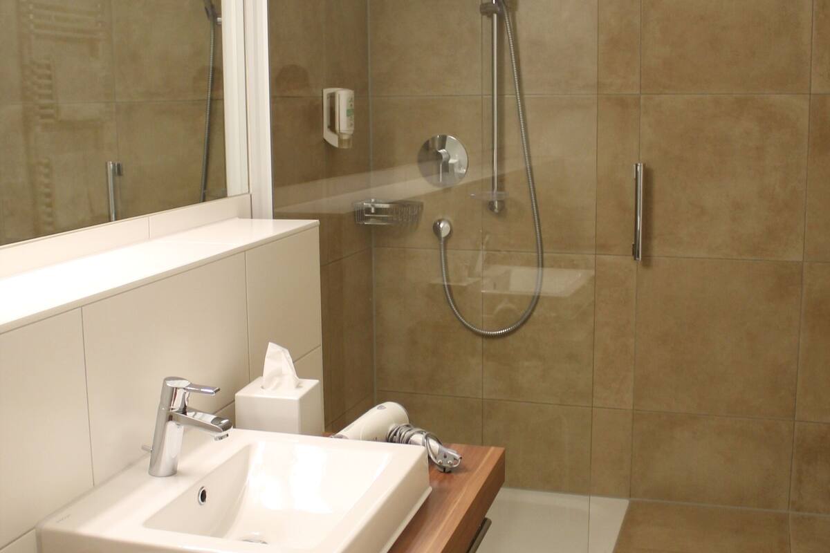 comfort single room | bathroom | shower, free toiletries, hair dryer, towels