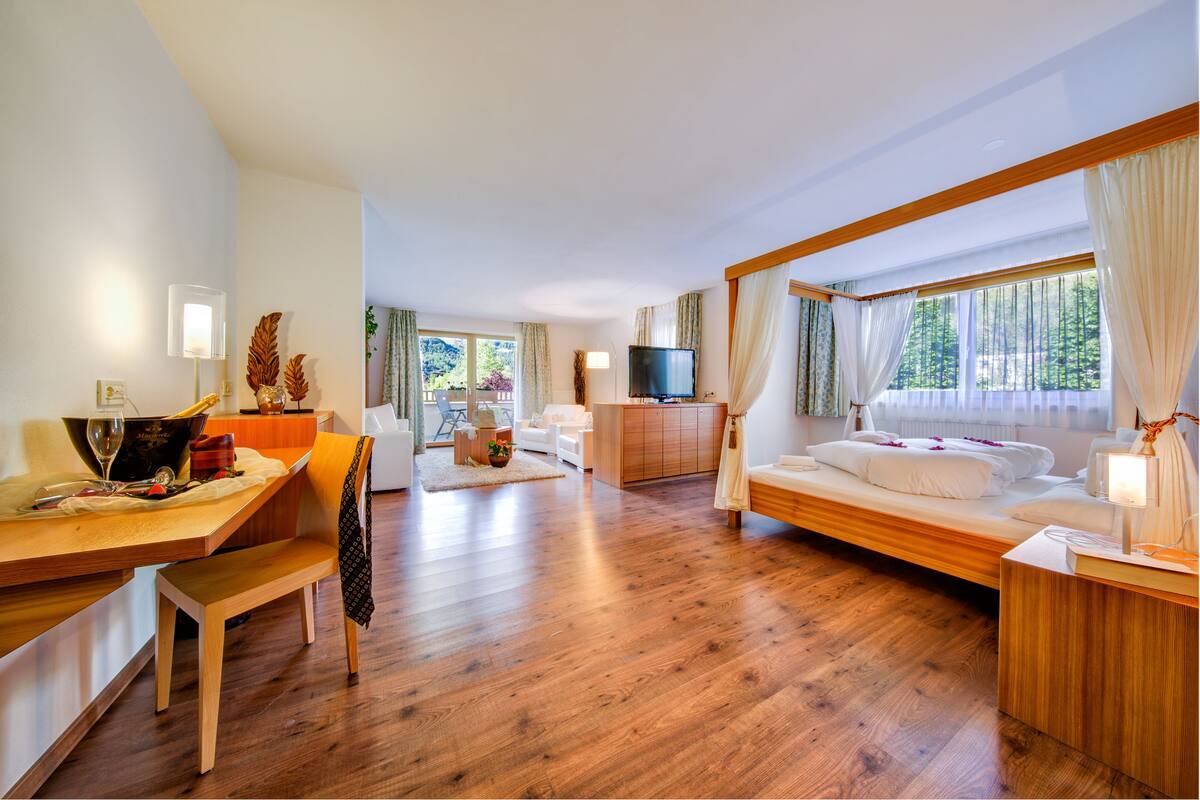 Une pièce spacieuse avec un plancher en bois, un coin repas comprenant une table et des chaises, un canapé, un lit avec des rideaux, une télévision et une vue sur la verdure à l’extérieur.