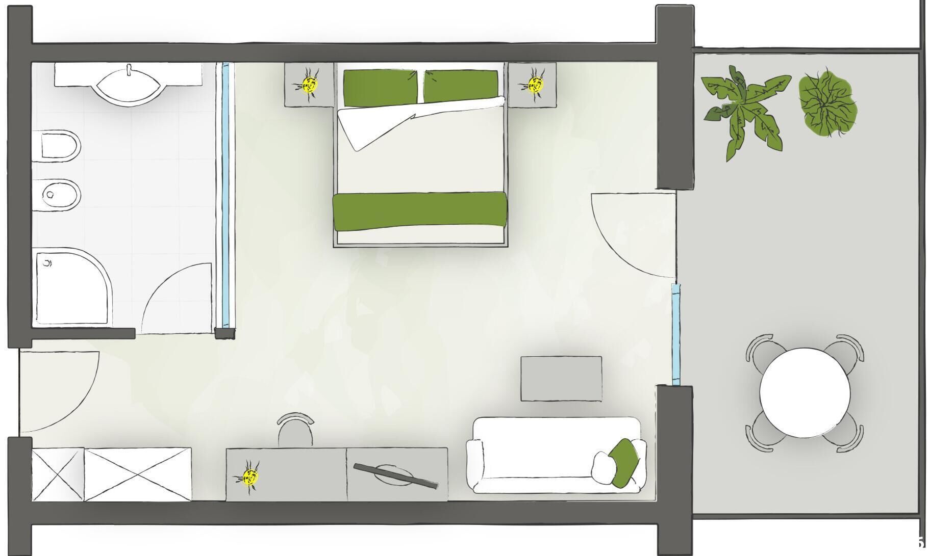 A hotel room layout with a bed, bedside table, chair, desk, and a small bathroom.