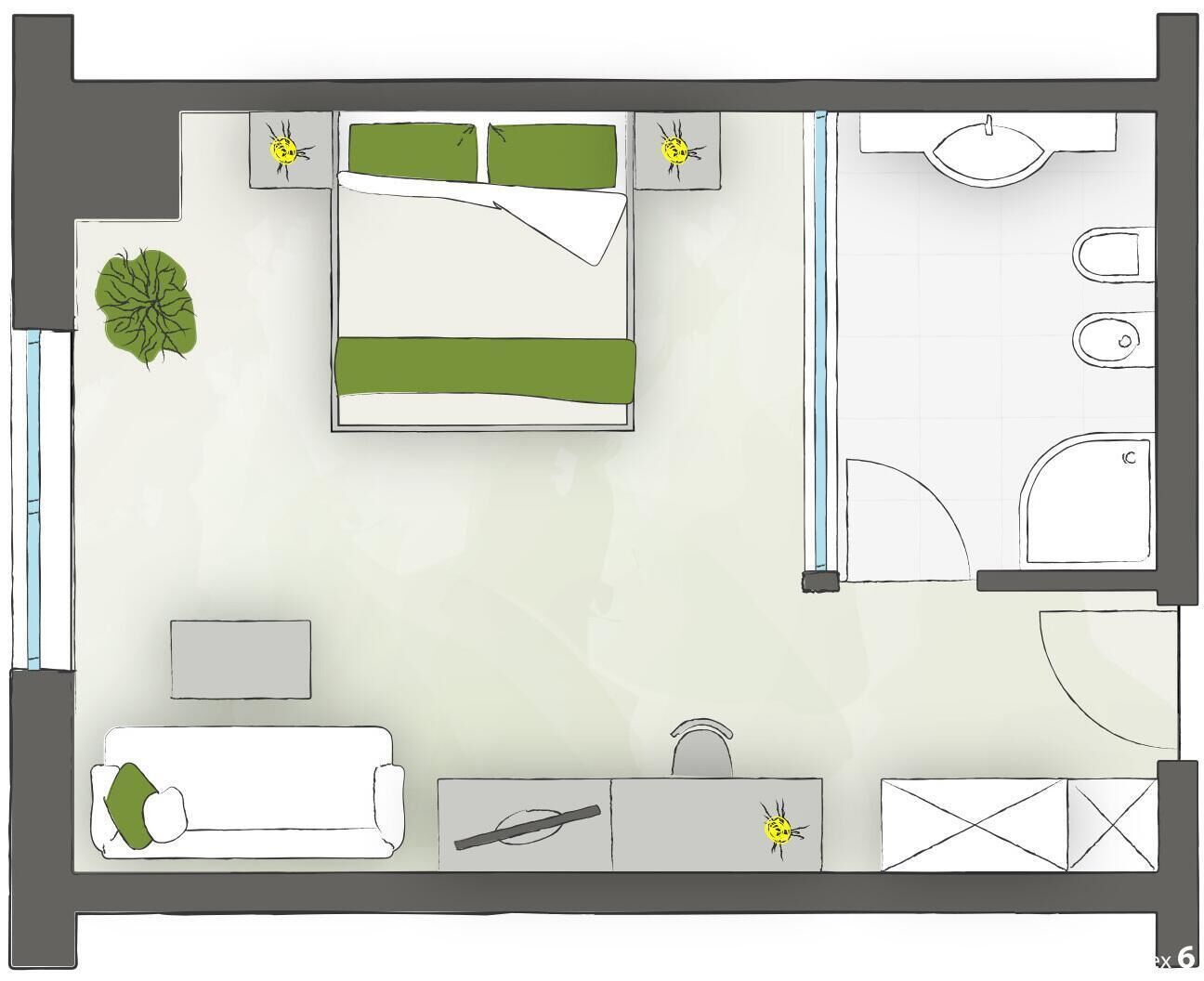 A floor plan of a hotel room with a bed, a desk, a chair, a small table, and a bathroom.