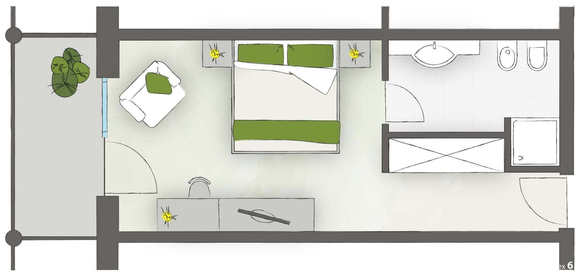 Plano de planta que muestra una cama, mesita de noche, lámpara y una pequeña zona de estar con una silla y una mesa.