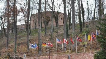 A stone wall with flags, a stone building, and leafless trees in the background.