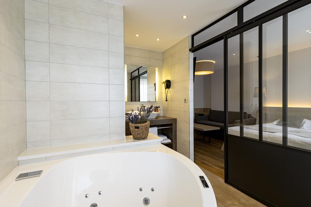 deluxe double room, bathtub (accès spa compris) | bathroom | shower, hair dryer, towels, soap