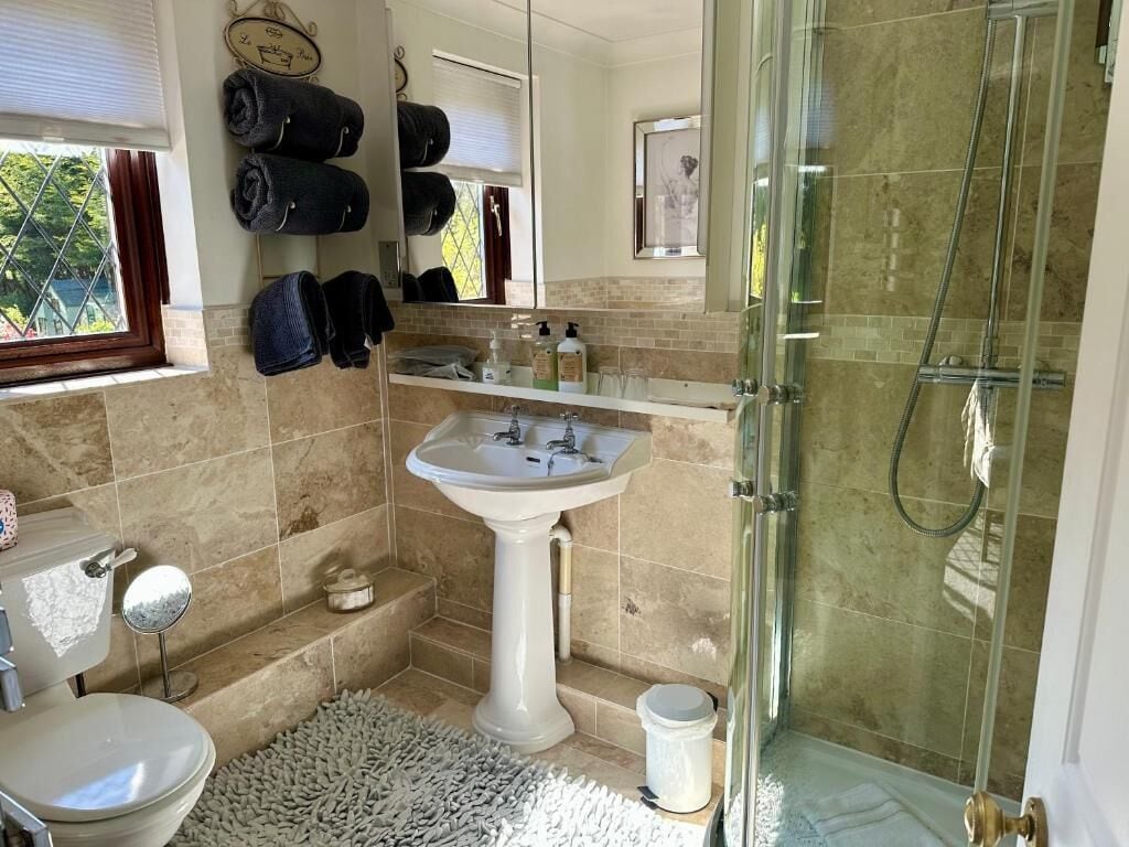 Ein Badezimmer mit einem Standwaschbecken, einer Toilette, einer Duschkabine aus Glas und Handtüchern, die an der Wand hängen.