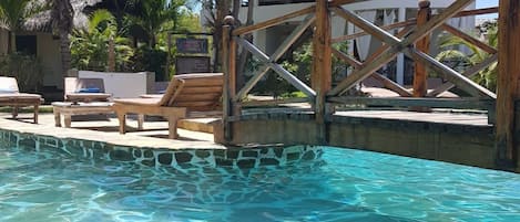 Outdoor pool, pool umbrellas, pool loungers