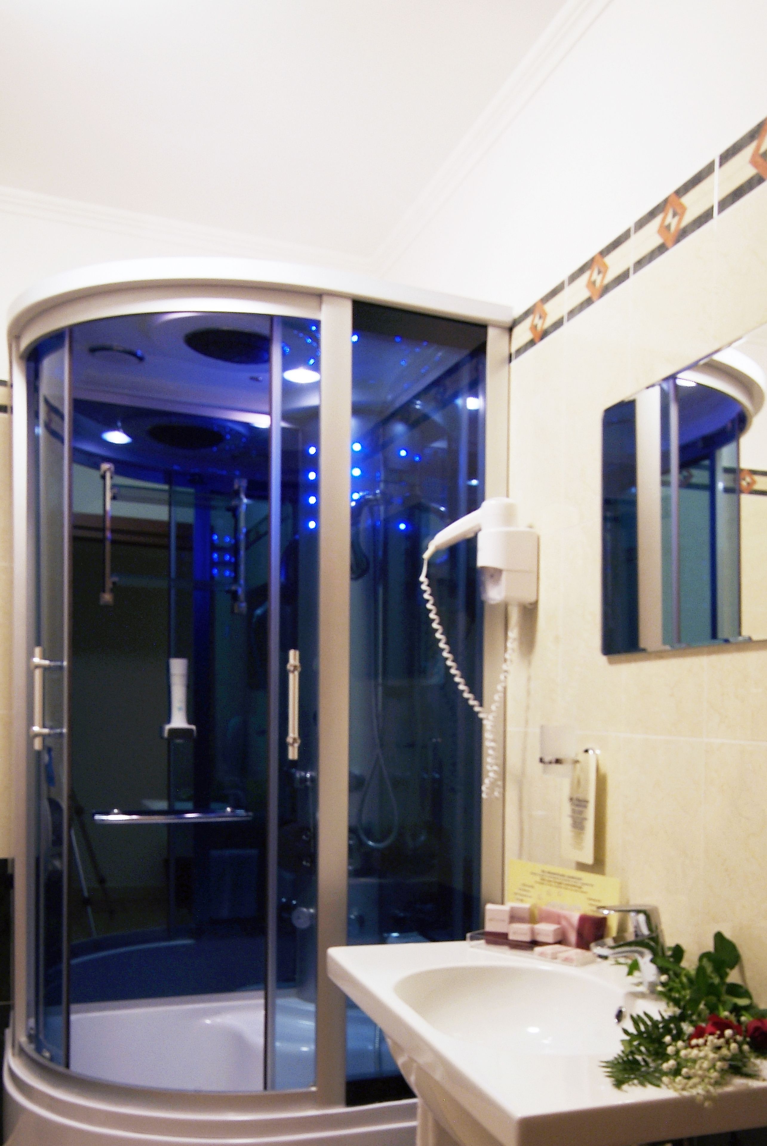 shower, rainfall showerhead, free toiletries, hair dryer