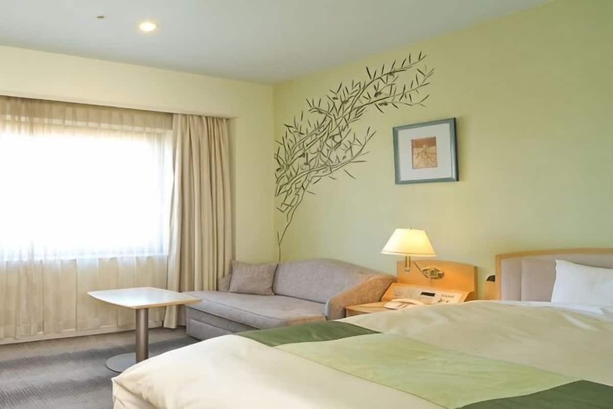Down comforters, desk, blackout drapes, soundproofing