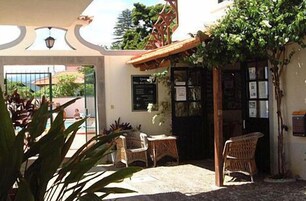 A patio area with wicker furniture, a small pool, and a pergola with climbing plants.