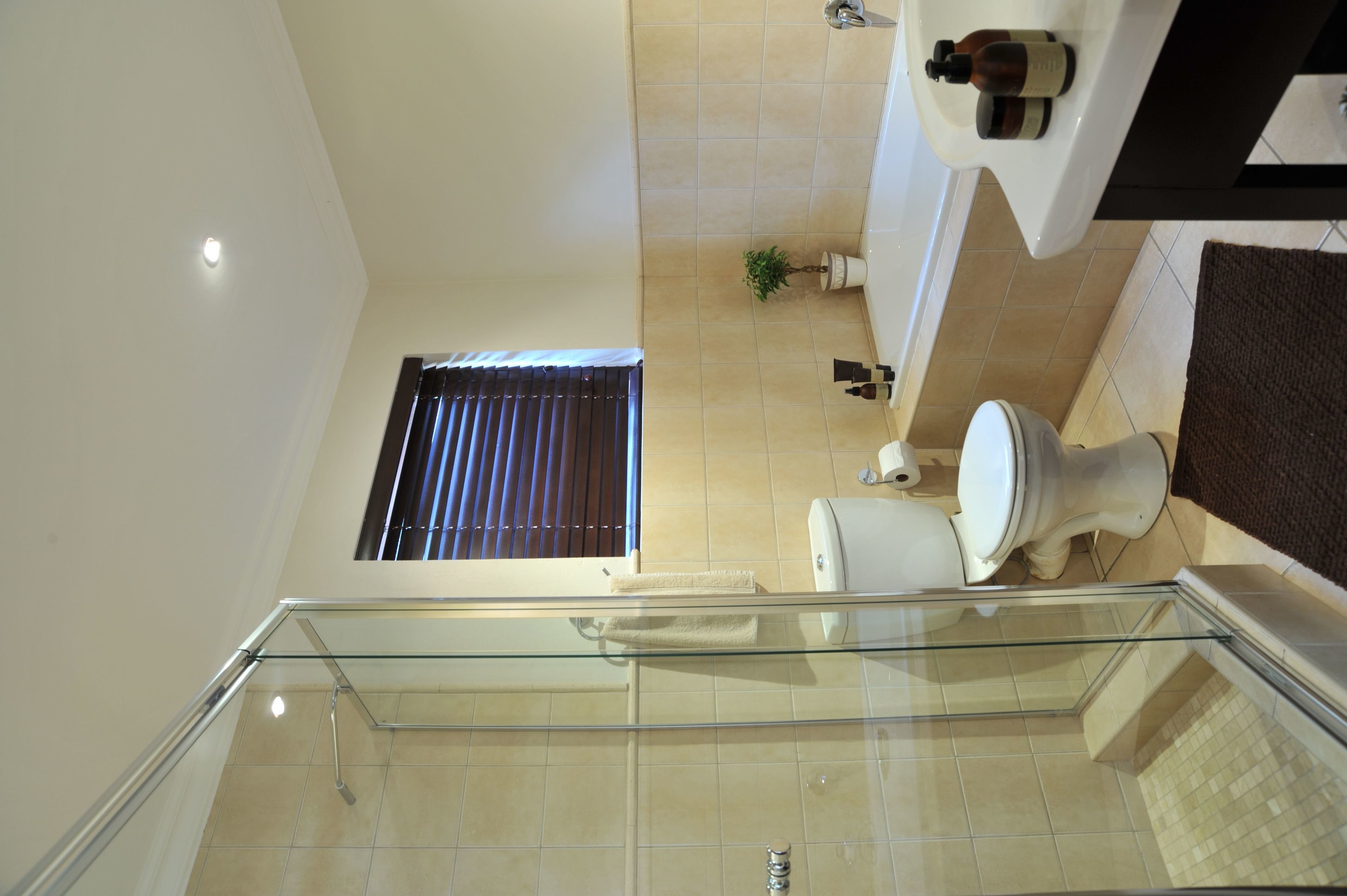 Un baño moderno con inodoro, lavabo y zona de ducha.