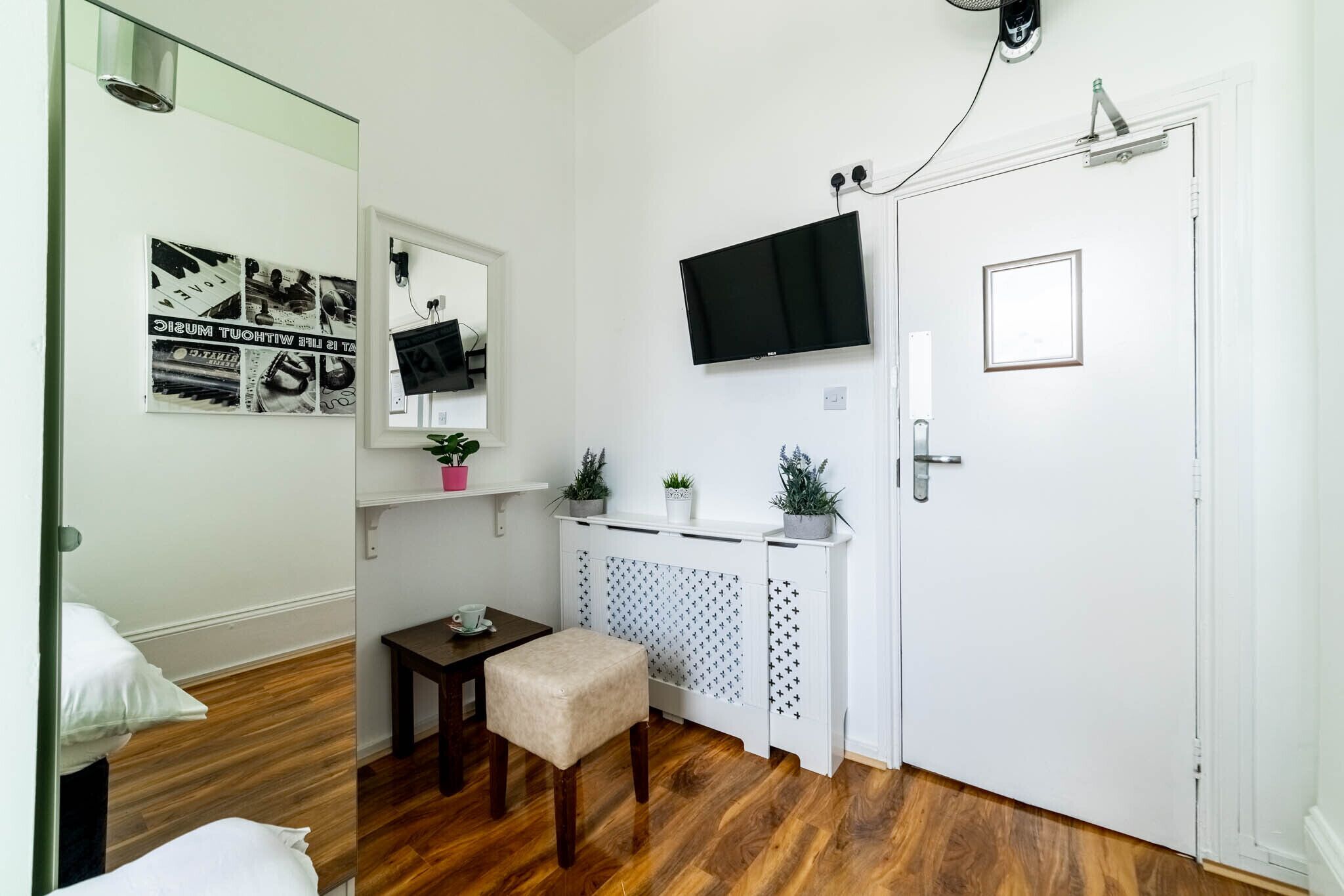 Una habitación con piso de madera, una puerta blanca, un televisor montado, una mesita con una planta y un espejo con fotografías enmarcadas.
