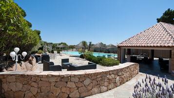 Seasonal outdoor pool, open 9:00 AM to 7:00 PM, pool umbrellas
