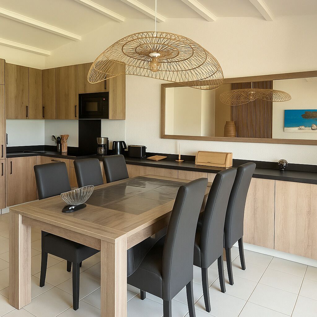 Una cocina moderna con armarios de madera, encimera negra y comedor con mesa y sillas de madera en color negro.