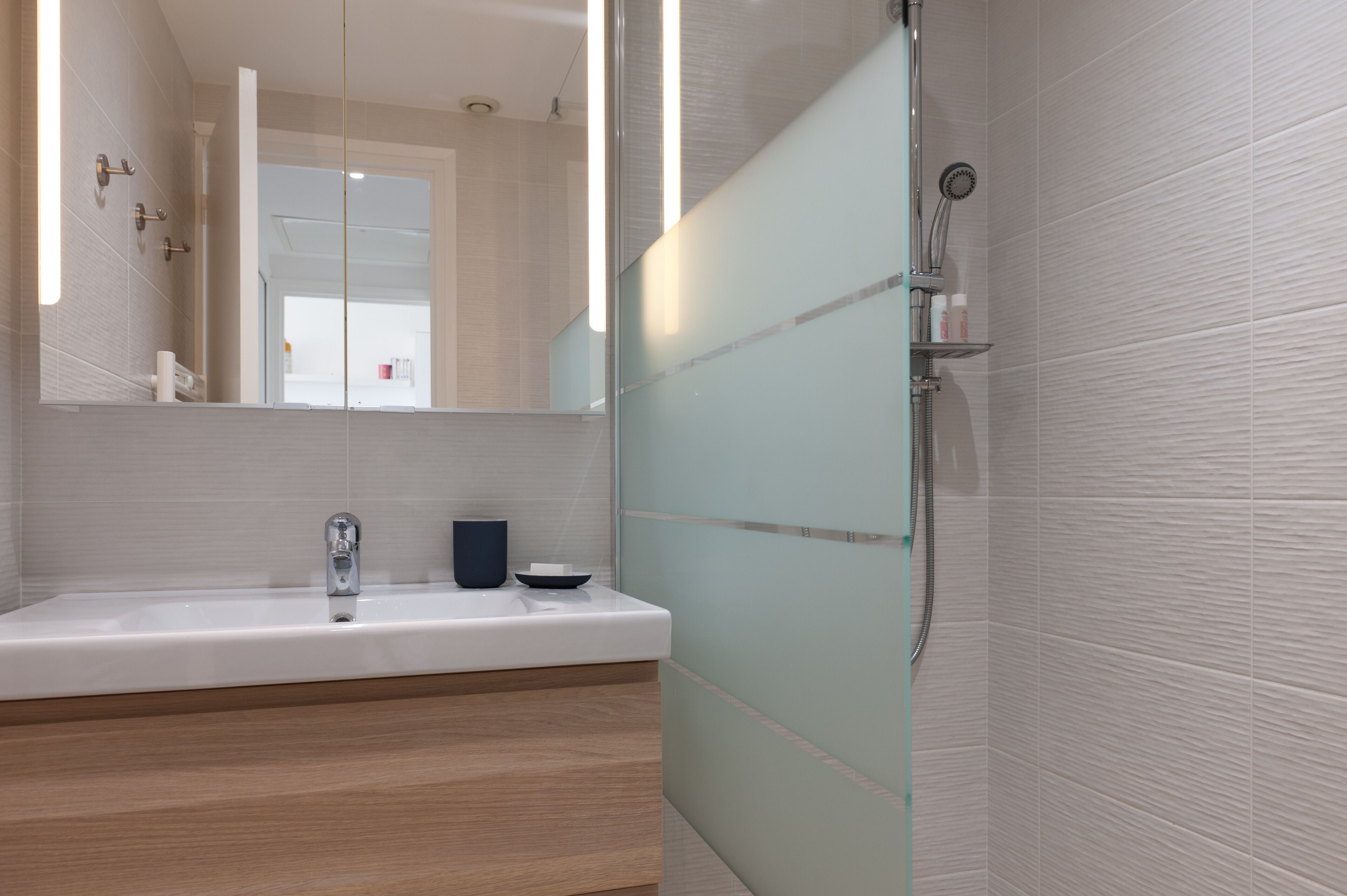 A modern bathroom with a glass shower enclosure, a white sink, and a mirror.
