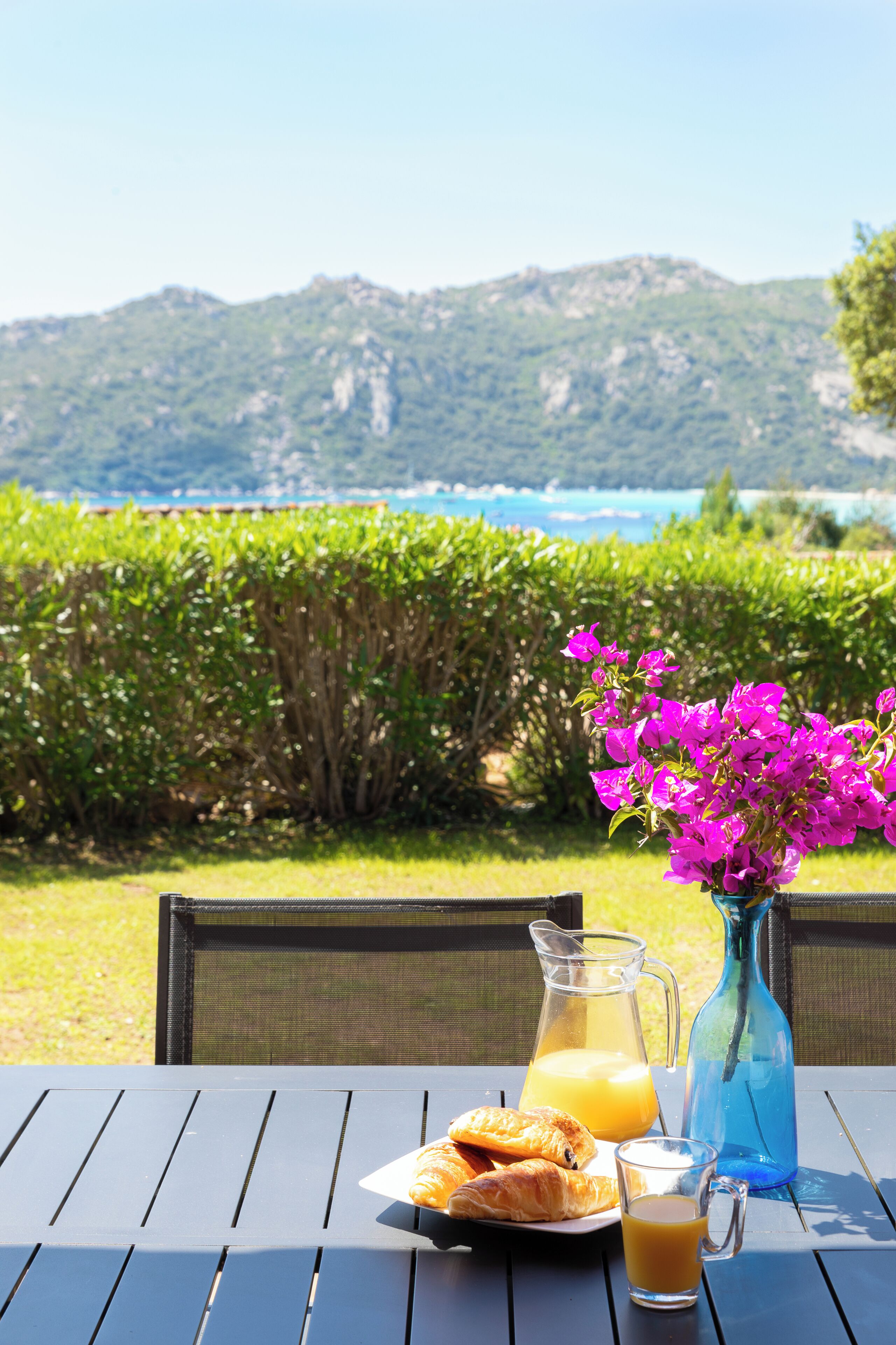 A table with croissants, a pitcher of orange juice, and a glass of juice, set against a scenic backdrop of mountains and a body of water.