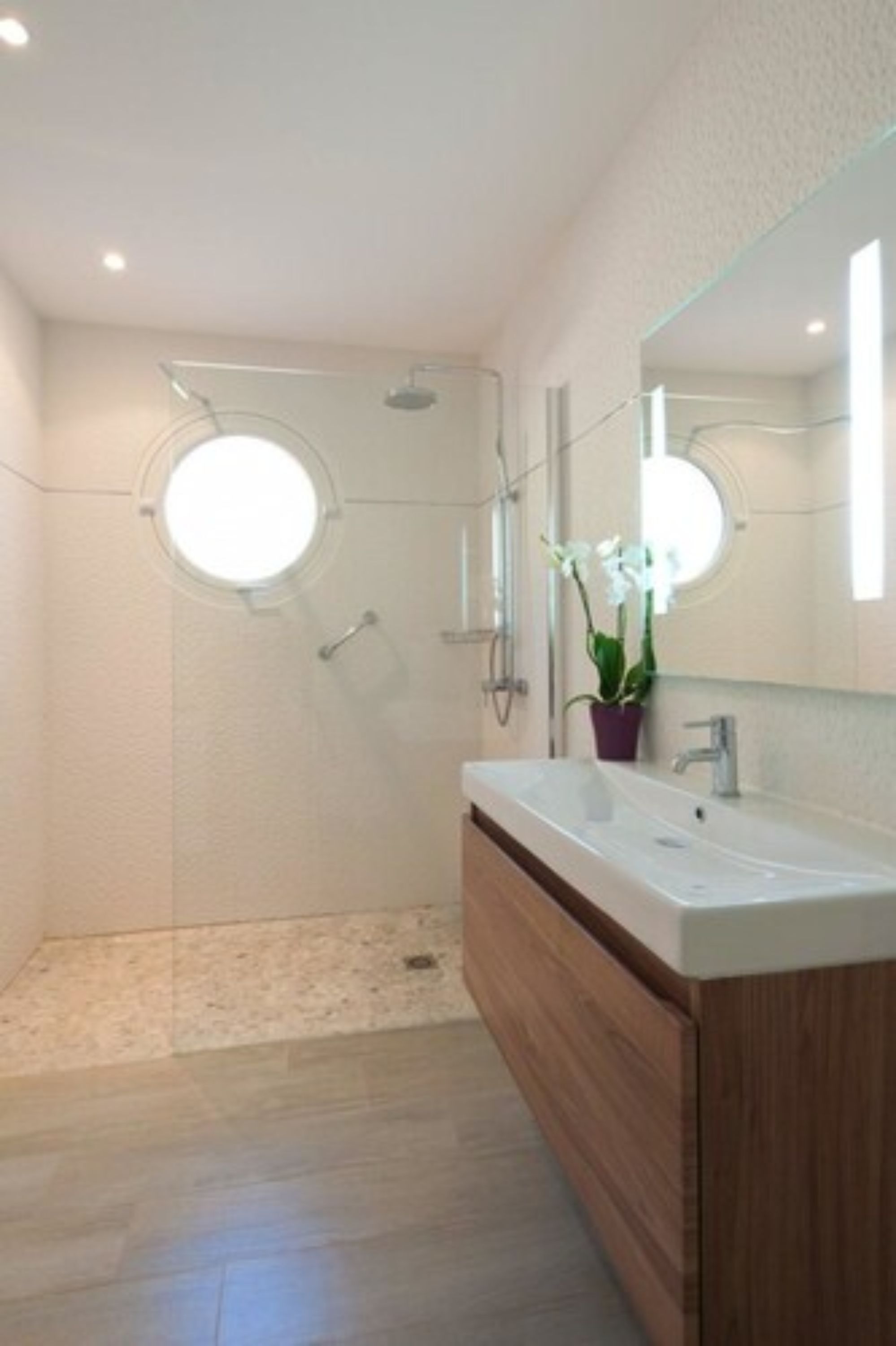 A modern bathroom with a round skylight, a shower, a vanity with a mirror, and a potted orchid.