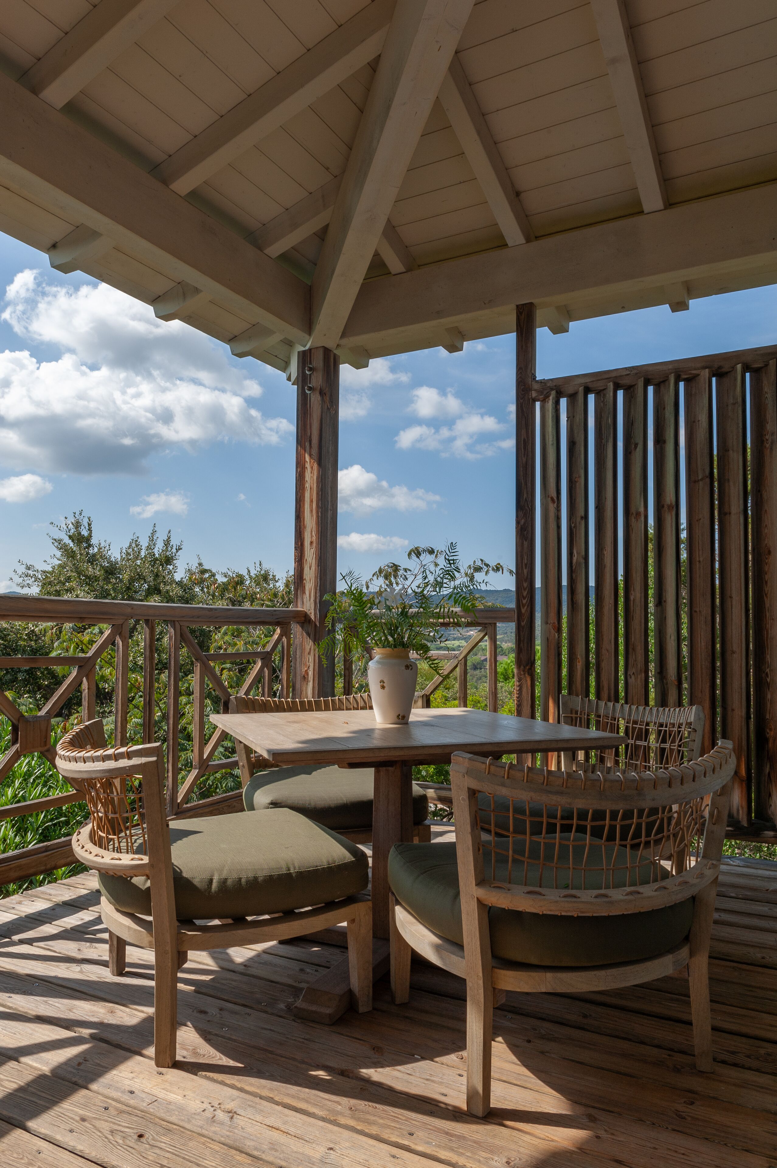 A wooden deck with a table and chairs, a potted plant, and a view of the landscape.