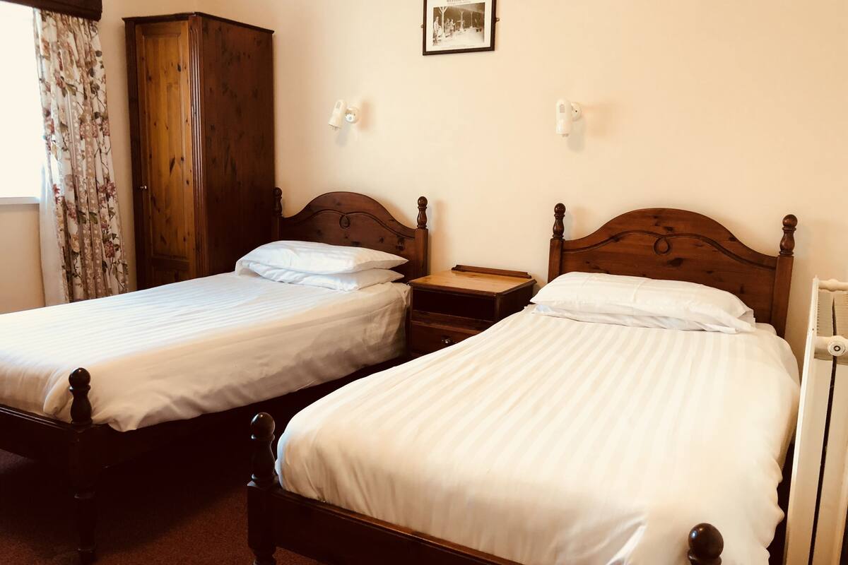 Ein Zimmer mit zwei Holzbett, einem Schrank aus Holz, einem Nachttisch und einer Wandleuchte.