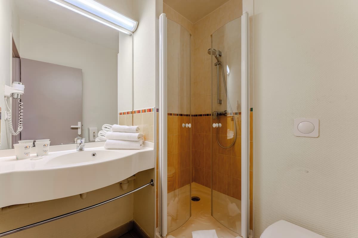 shower, free toiletries, hair dryer, towels