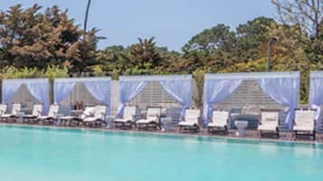 Indoor pool, outdoor pool, open 10:00 AM to 10 PM, free cabanas