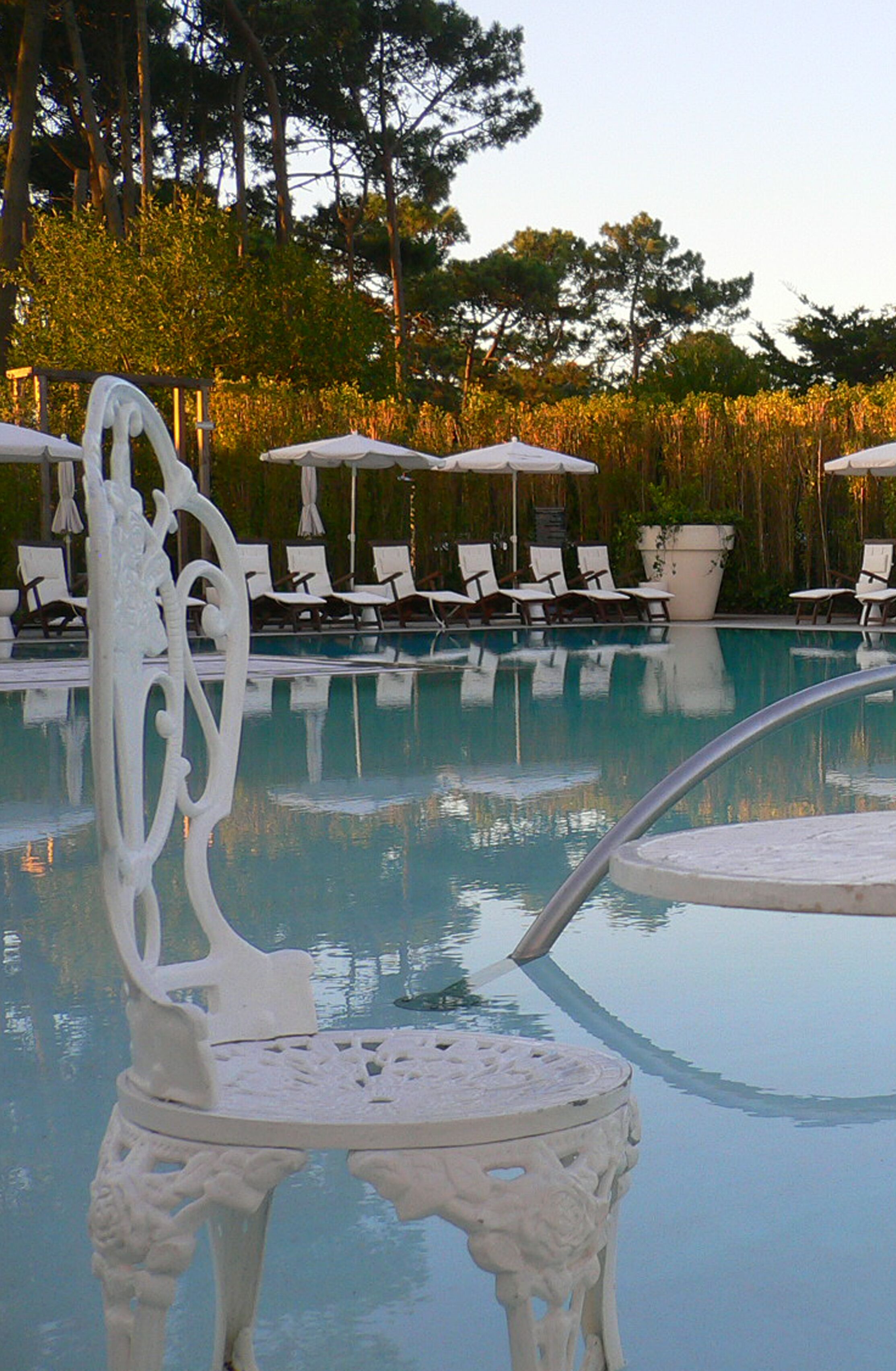 A pool area with white chairs and umbrellas, surrounded by trees.
