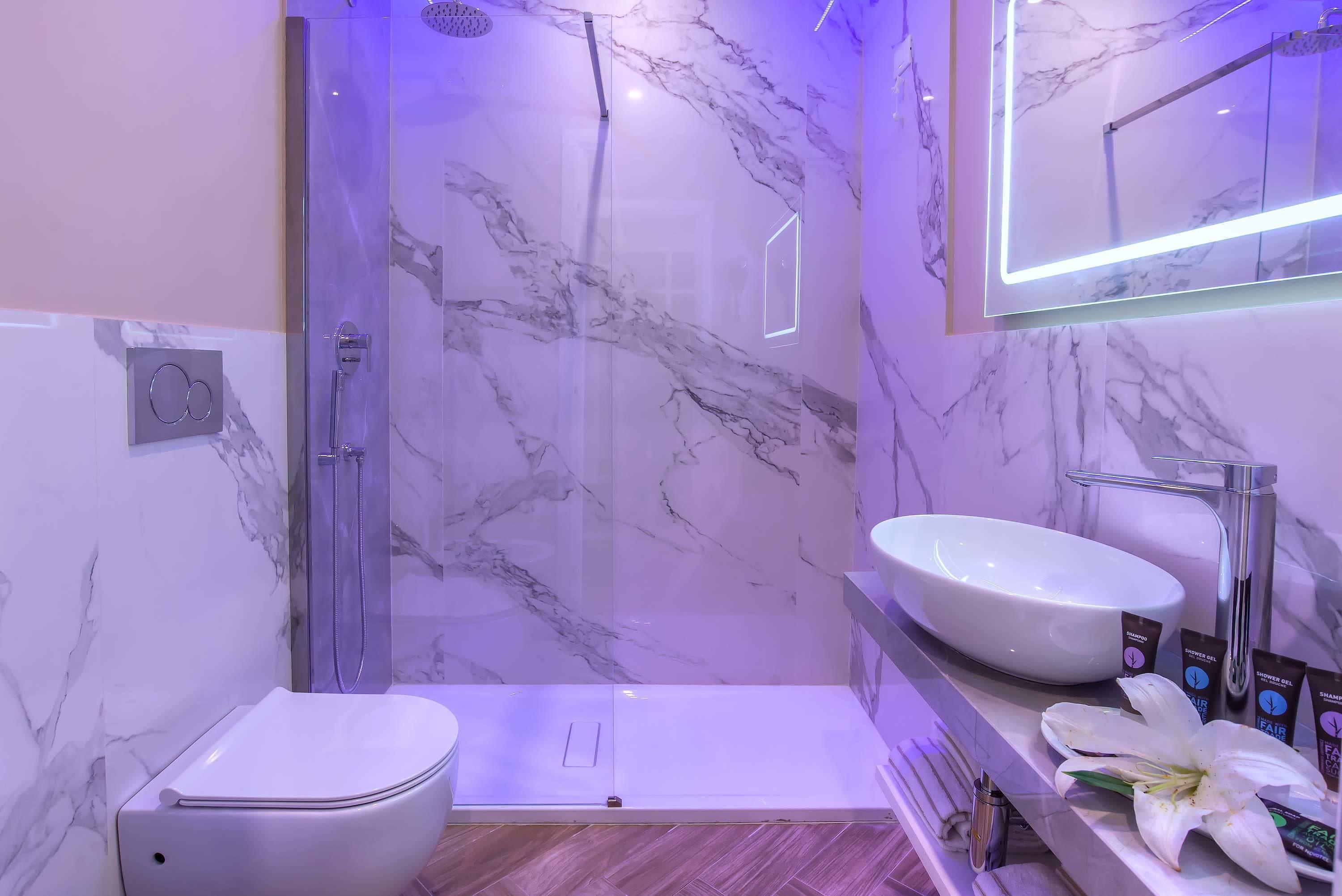 shower, rainfall showerhead, free toiletries, hair dryer