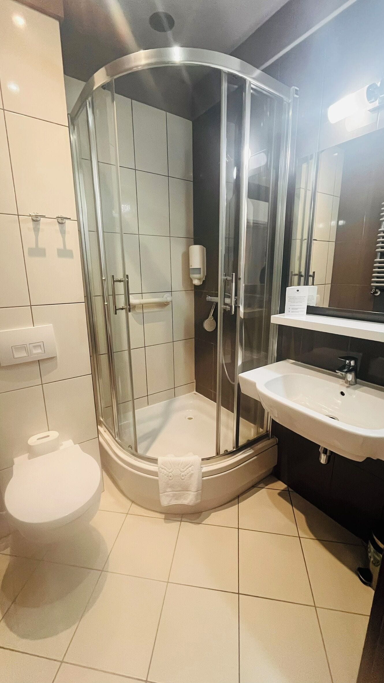 A modern bathroom with a glass-enclosed shower, a white sink, and a toilet.
