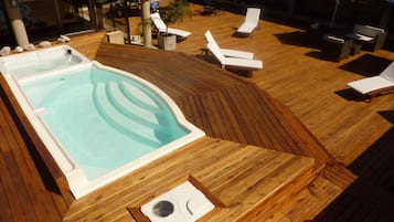 Outdoor pool, pool umbrellas, pool loungers