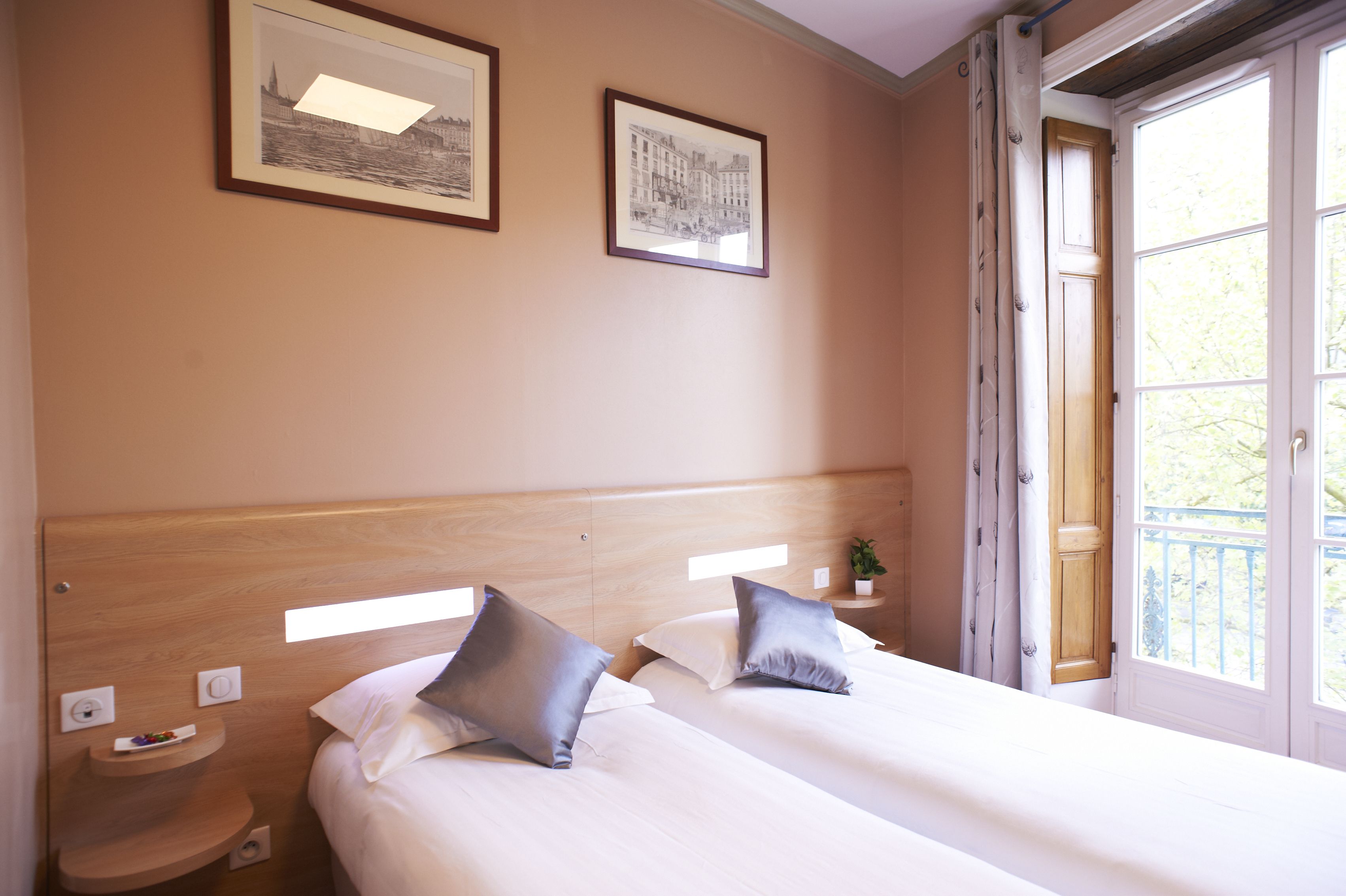 Une chambre d’hôtel avec deux lits, une tête de lit en bois, une table de chevet avec une plante et deux tableaux encadrés au mur.