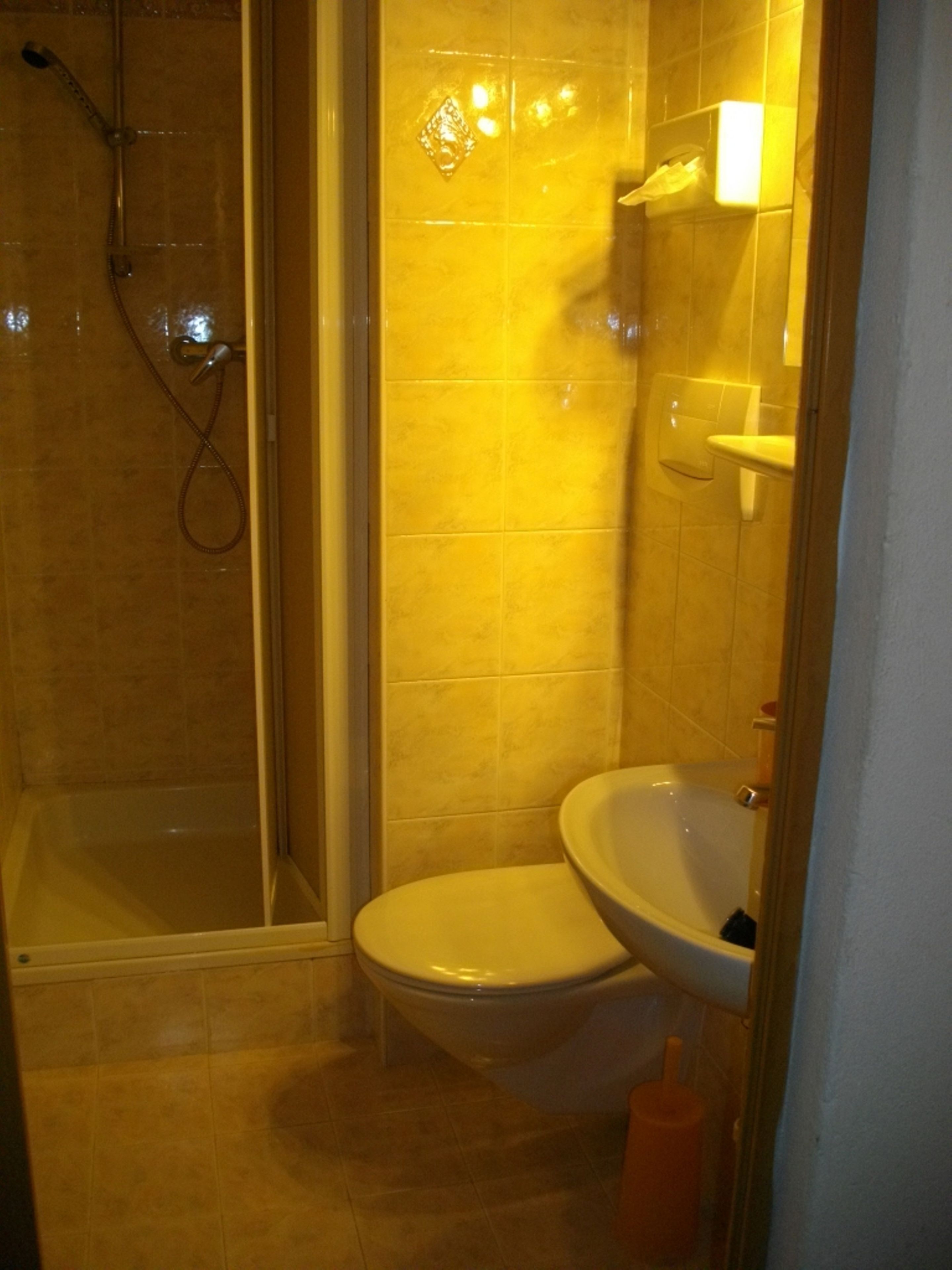 A bathroom with a shower, toilet, and sink.