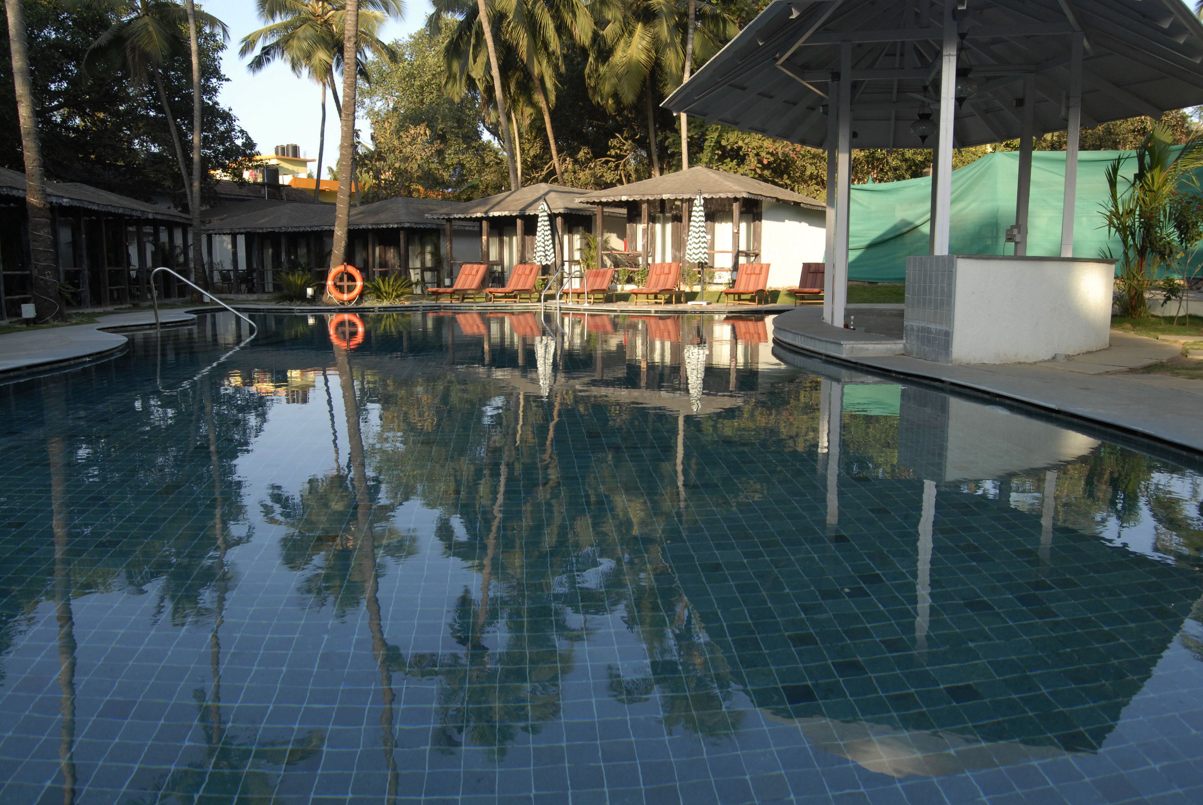 outdoor pool, pool loungers