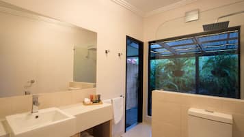 Un baño moderno con un espejo grande, un lavamanos y una ducha. Se ve un ventanal con vistas a la vegetación.
