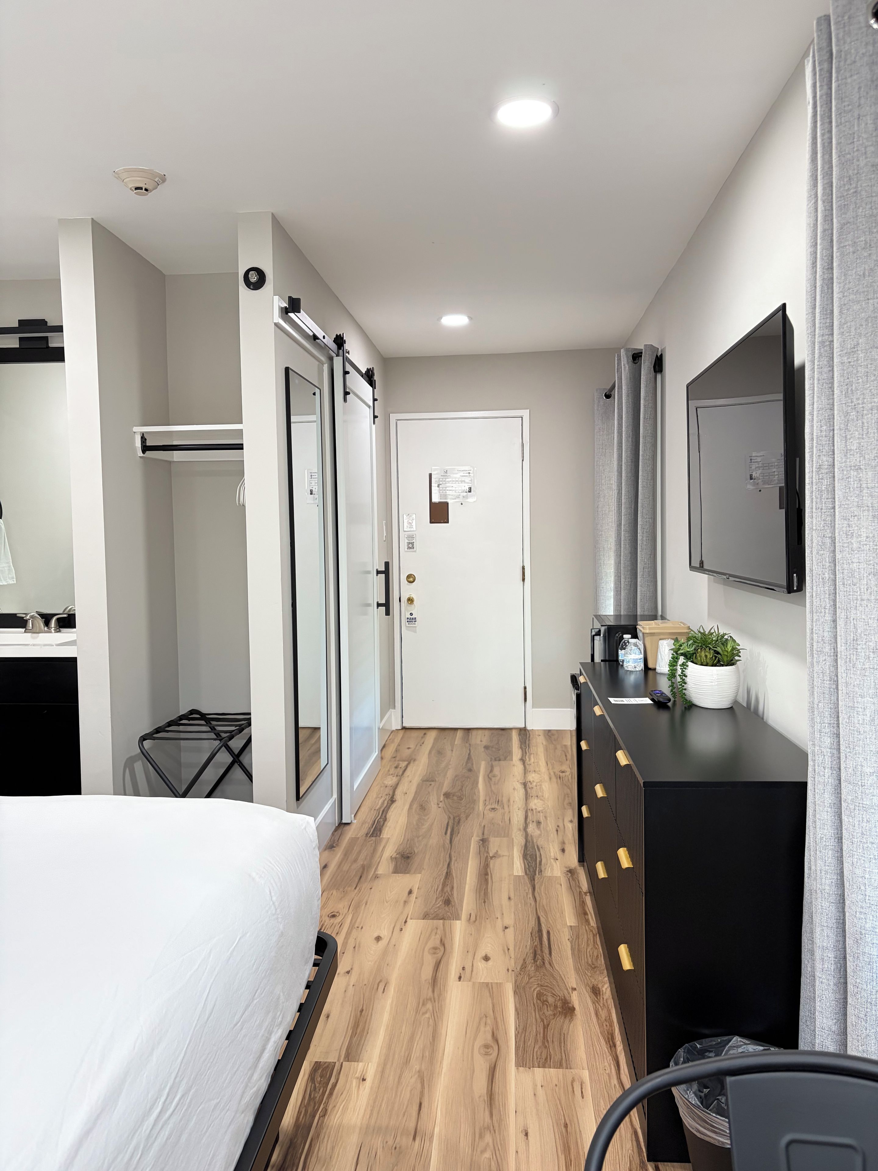 A hotel room with a bed, a dresser, a mirror, a door, and a small plant.